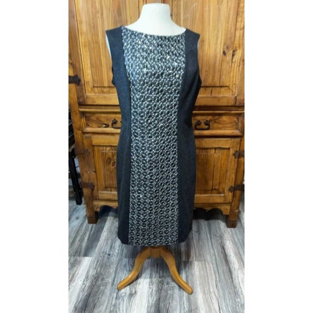Chicos Gray Sequined Lace Front Sheath Dress Sleeveless Size 2 Charcoal Silver